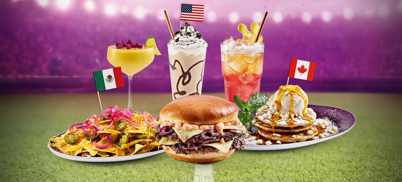 Der HANS IM GLÜCK Torhunger: World Cup promotion with burger, tortilla chips, pancakes and drinks in a stadium setting